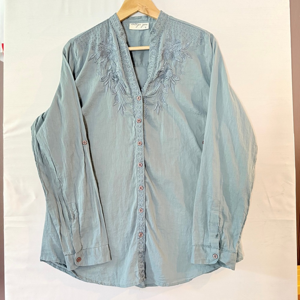 Vintage Goa Womens Large Blue Cotton Embroidered Button Down Boho Blouse Top
